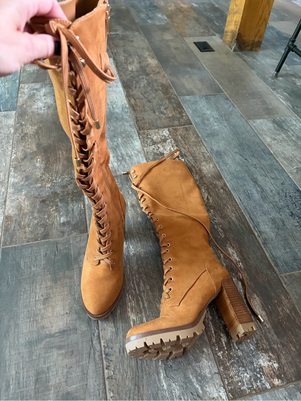 Tall Lace-Up faux Suede Heeled Boots in Cognac by JLo Jennifer Lopez - Picture 6 of 9
